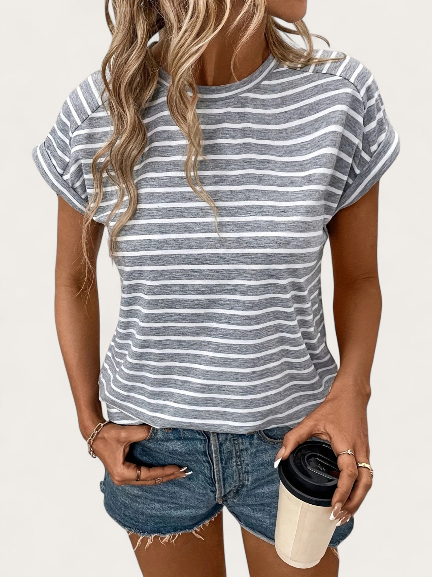 Prosty T-shirt W Paski Z Okrągłym Dekoltem Dla Kobiet | Krótki Rękaw