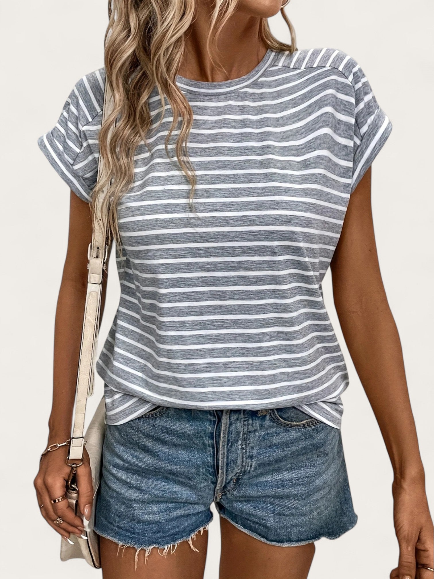 Prosty T-shirt W Paski Z Okrągłym Dekoltem Dla Kobiet | Krótki Rękaw